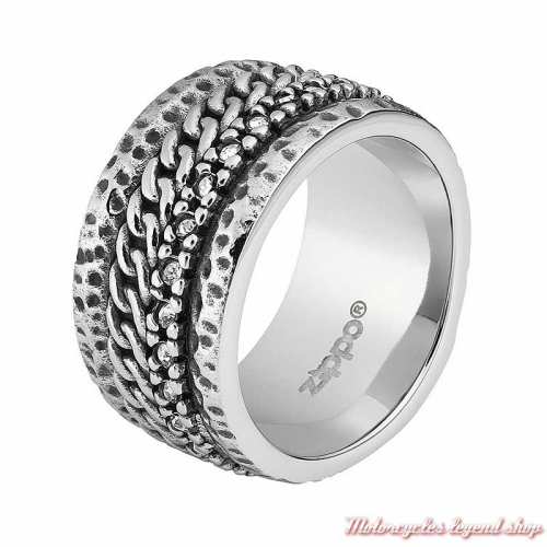 Bague Chain Zippo mixte, acier, argent, strass zircon