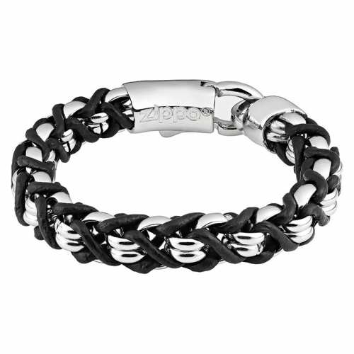 Bracelet cuir noir et acier argenté Zippo, unisexe