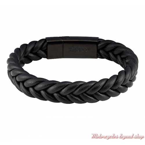 Bracelet cuir tressé noir Zippo, acier noir