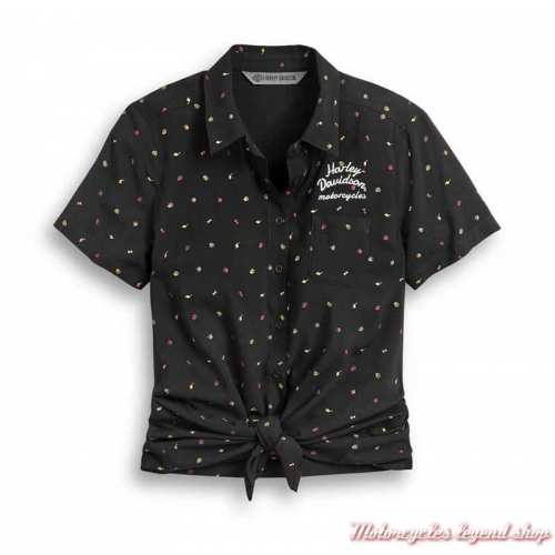 Chemisier Allover Print Harley-Davidson femme, noir, manches courtes, rayonne, rétro, noué, 96348-20VW