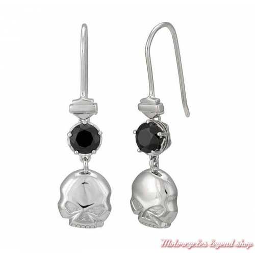 Boucles d'oreilles Skull pendantes Harley-Davidson femme, argent, pierre noire HDE0519