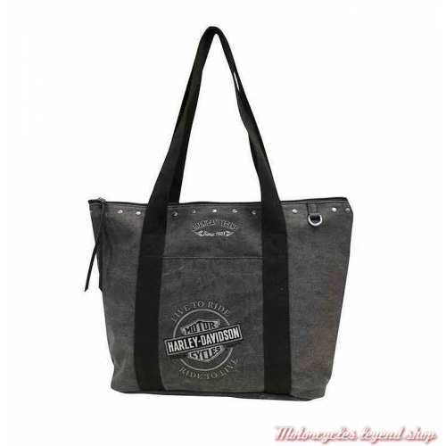Sac cabas Denim femme Harley-Davidson, noir gris, brodé, rivets metal, WDD8615-CHARCOAL