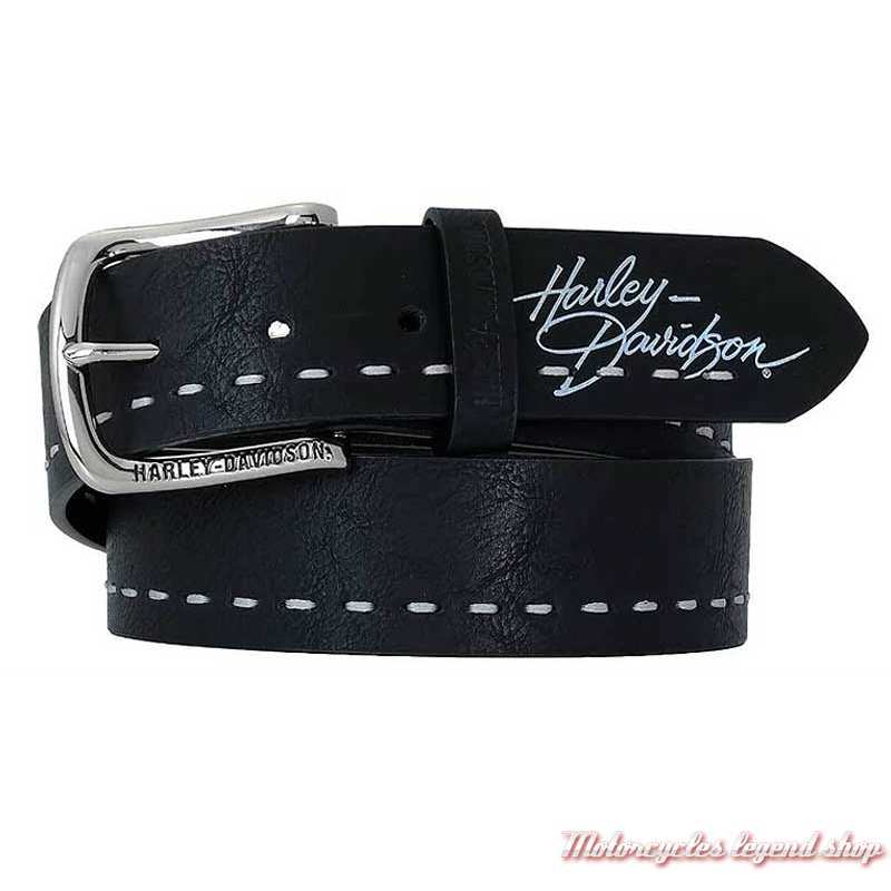 Ceinture Dark Side Harley-Davidson femme, cuir noir, surpiqure blanche, boucle ouverte, HDWBT11714