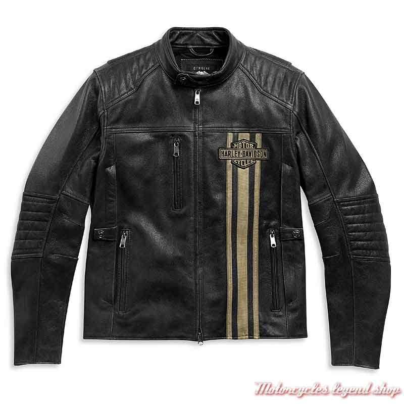 Blouson cuir Passing Link II Harley-Davidson homme, noir vieilli, bandes beige, triple aération, 98005-21EM