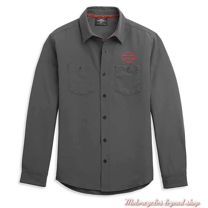 Chemise HD-MC Logo Harley-Davidson homme, grise, manches longues, polyester, 96341-21VM
