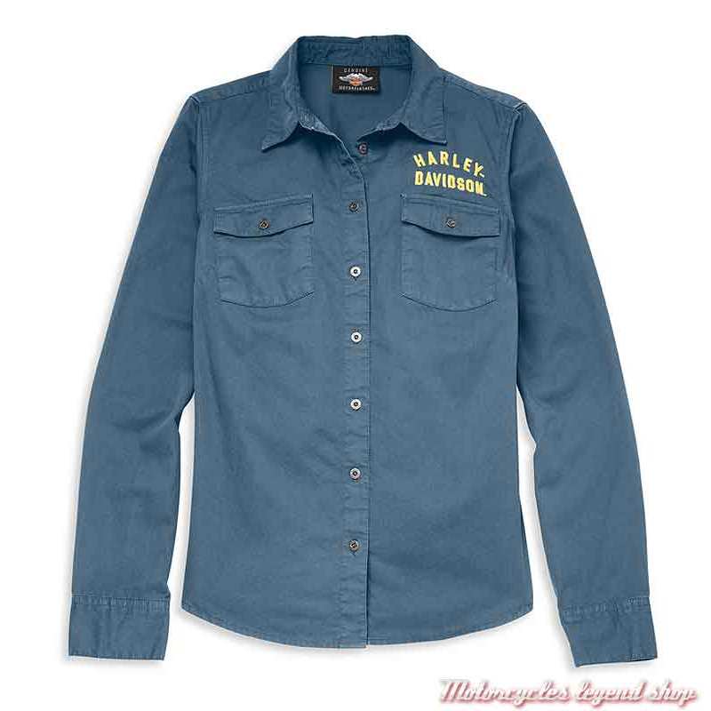 Chemise Harley Davidson Denim Femme - XS Bleue Brodée Manches Longues