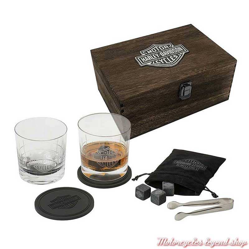 Coffret à whisky en bois Harley-Davidson, 2 verres, sous verre, pierres, pince, HDL-18806