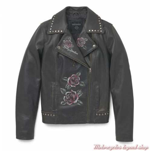 Perfecto Casual Roses Harley-Davidson femme, impressions vintage, cuir noir vieilli, clous, 97023-22VW