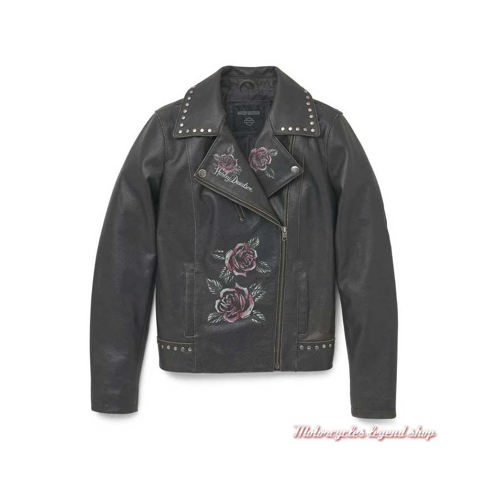 Perfecto Casual Roses Harley-Davidson femme, impressions vintage, cuir noir vieilli, clous, 97023-22VW