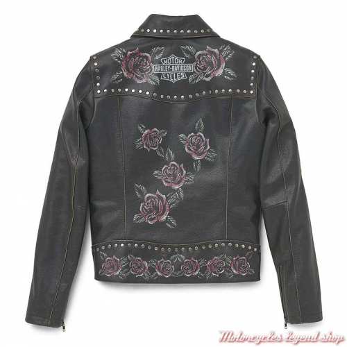 Perfecto Casual Roses Harley-Davidson femme, impressions vintage, cuir noir vieilli, clous, dos, 97023-22VW