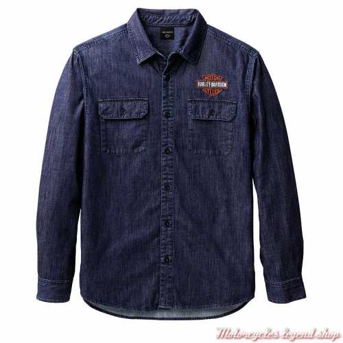 Chemise denim Bar & Shield Harley-Davidson homme, bleu indigo, manches longues, coton, 99090-22VM