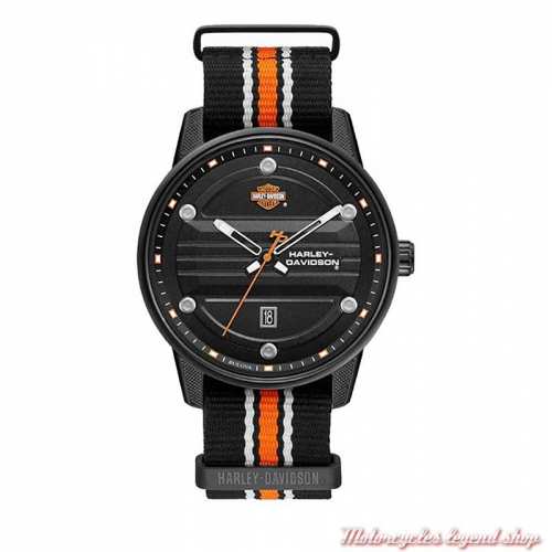 Montre bracelet nylon noir, orange, Harley-Davidson homme, 78B153