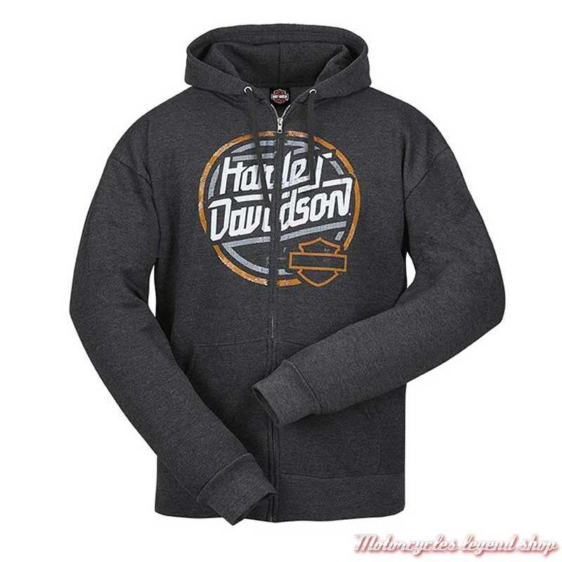 Sweatshirt Name Loop Harley-Davidson homme gris, zippé à capuche, Cornouaille Moto Quimper Bretagne, R003727 