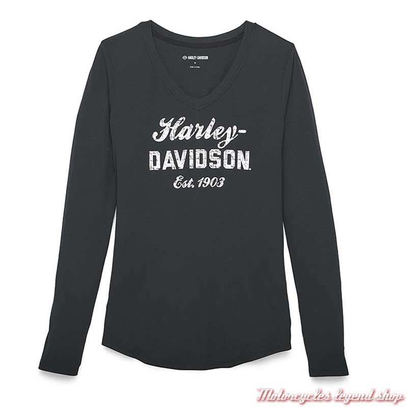 Tee-shirt Metropolitan Harley-Davidson femme, col V, noir, manches longues, modal, polyester, 96445-22VW
