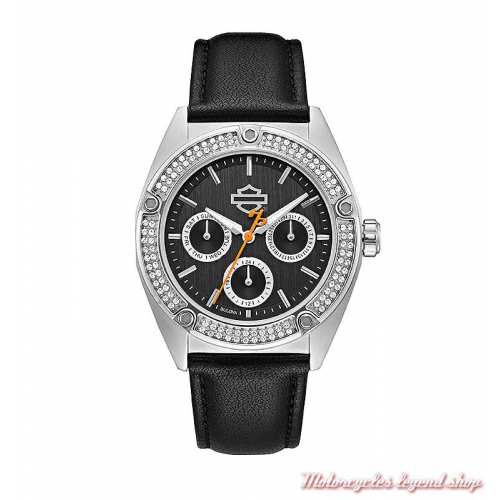 Montre Strass Harley-Davidson femme, cadran noir, bracelet cuir noir, 76N102