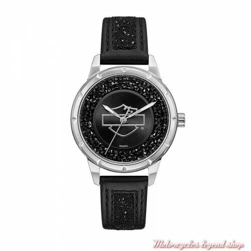 Montre Swarovski noir Harley-Davidson femme, bracelet cuir et cristaux noirs, 76L192