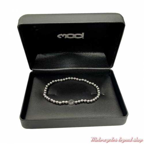 Bracelet petites perles argent brillant Harley-Davidson femme, extensible, logo Bar &amp; Shield, écrin, HDB0477