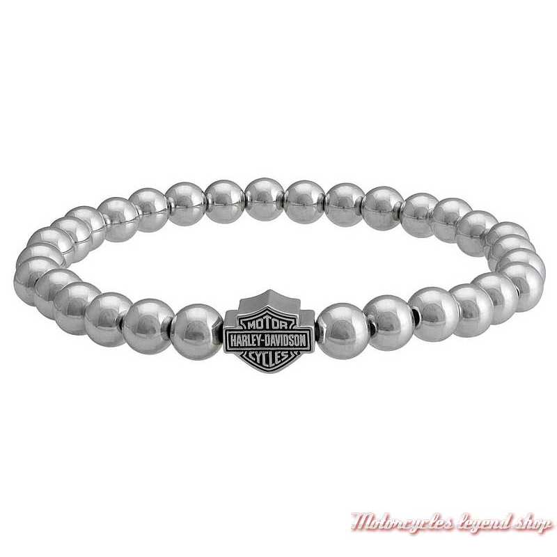 Bracelet larges perles argent Harley-Davidson femme, extensible, logo Bar & Shield, HDB0478