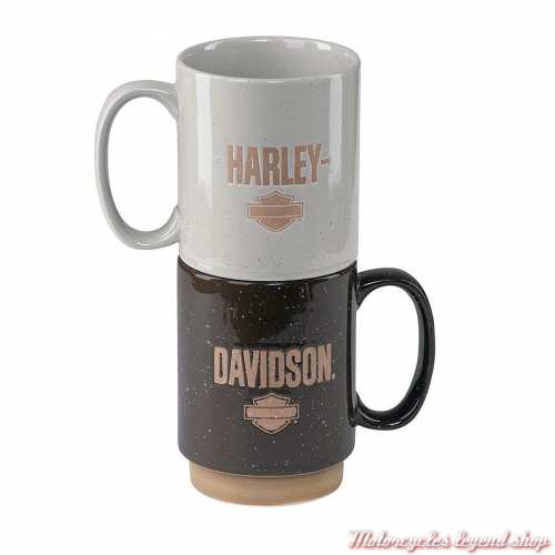 Ensemble 2 mugs empilés Harley-Davidson, 40 cl, céramique brute, glacée, blanc et brun, HDX-98638