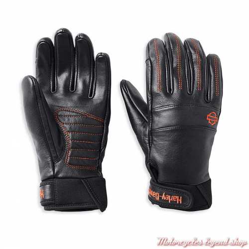 Gants cuir Newhall Harley-Davidson femme, noir, surpiqure orange, brodés, 98195-22EW