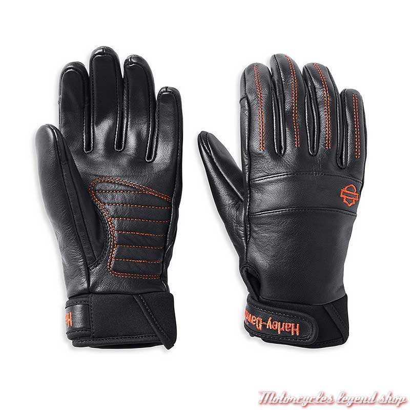 Gants cuir Newhall Harley-Davidson femme, noir, surpiqure orange, brodés, 98195-22EW