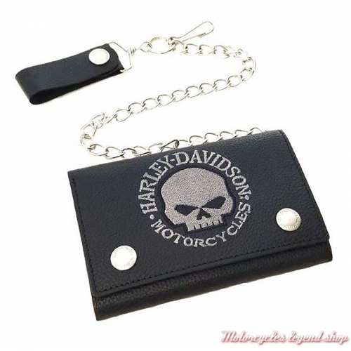 Portefeuille Skull gris Plus Harley-Davidson, cuir noir grainé, chainette, XML6158A-GRYBLK