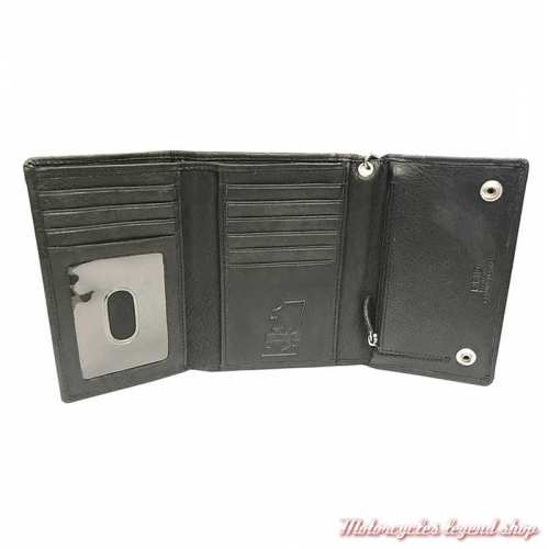 Portefeuille Biker black mousqueton Harley-Davidson, cuir noir, intérieur 3 volets, IM2118L-BLACK