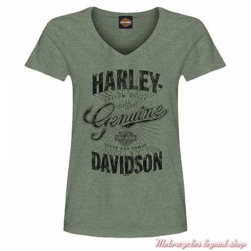Tee-shirt Super Hero Harley-Davidson femme, vert, coton, col v, manches courtes, Cornouaille Moto Quimper Bretagne R004503