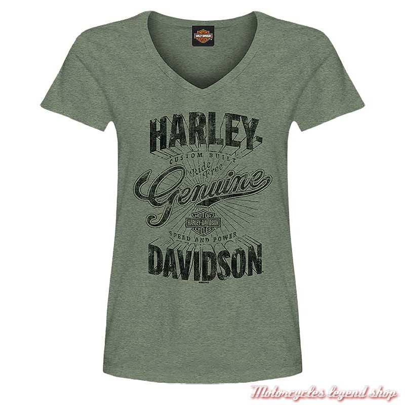 Tee-shirt Super Hero Harley-Davidson femme, vert, coton, col v, manches courtes, Cornouaille Moto Quimper Bretagne R004503