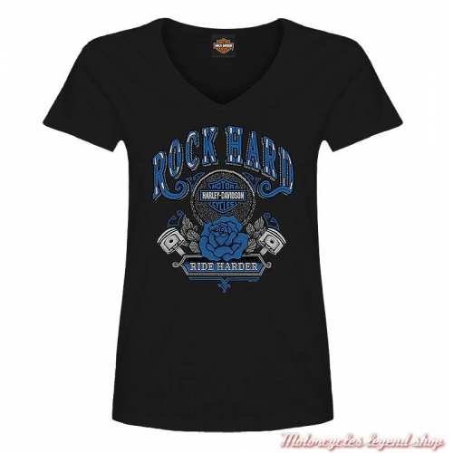 Tee- shirt Rock Hard Harley-Davidson femme, noir, coton, col v, manches courtes, Cornouaille Moto Quimper Bretagne R004496