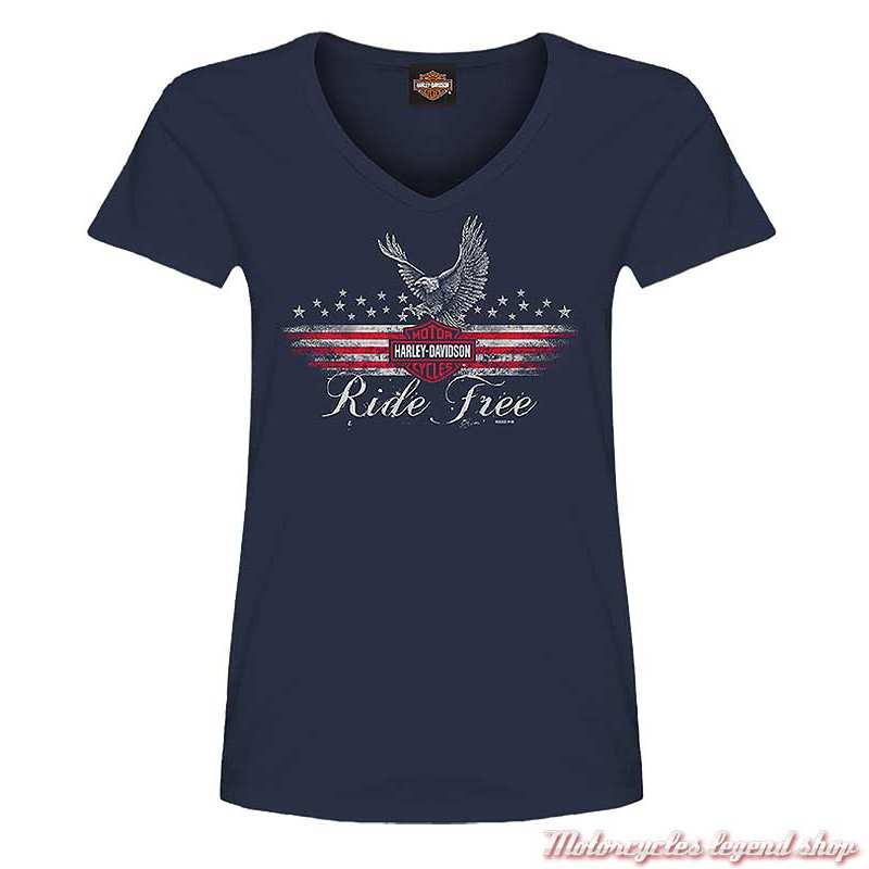 Tee- shirt Ride Free Harley-Davidson femme, navy, coton, col v, manches courtes, Cornouaille Moto Quimper Bretagne R004506