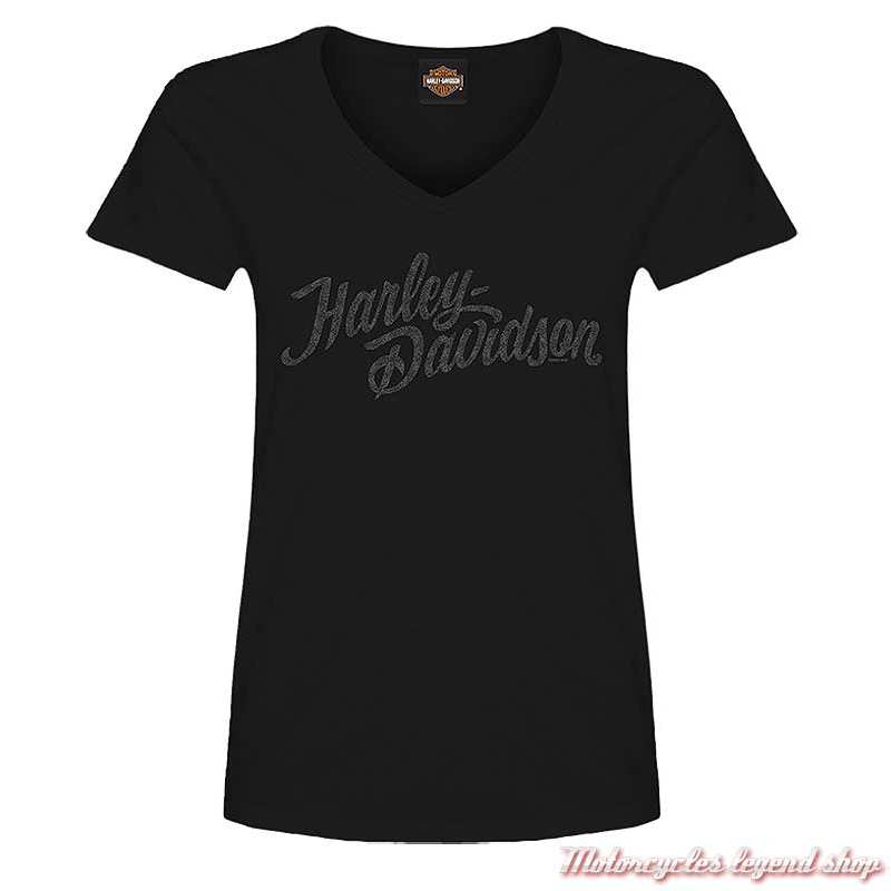 Tee- shirt Glitz Harley-Davidson femme, noir, coton, col v, manches courtes, Cornouaille Moto Quimper Bretagne R004513