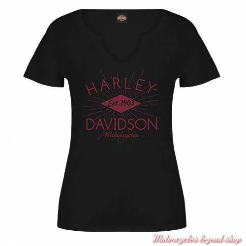 Tee- shirt Diamant Burst Harley-Davidson femme, noir, coton, col v, manches courtes, Cornouaille Moto Quimper Bretagne R004491