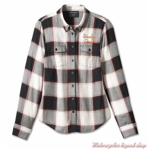 Chemisier Classic Bar & Shield Harley-Davidson femme, à carreaux, noir, blanc, orange, viscose, manches longues, 99025-23VW