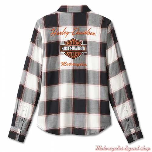 Chemisier Classic Bar &amp; Shield Harley-Davidson femme, à carreaux, noir, blanc, orange, viscose, manches longues, dos, 99025-23VW