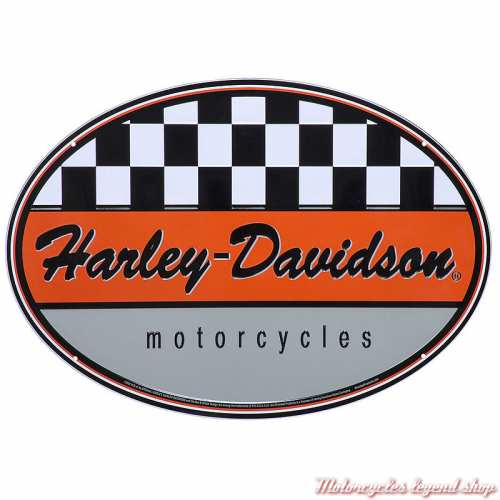 Plaque métal Racing Oval Harley-Davidson, orange, damier noir & blanc, 40 x 30 cm, HDL-15534