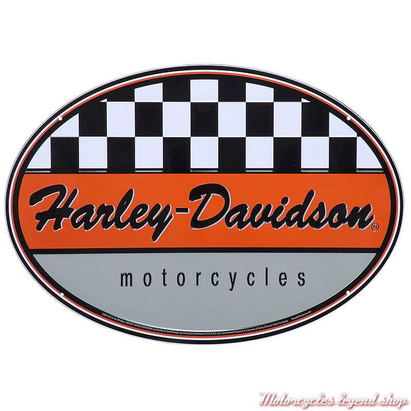 Plaque métal Racing Oval Harley-Davidson, orange, damier noir & blanc, 40 x 30 cm, HDL-15534