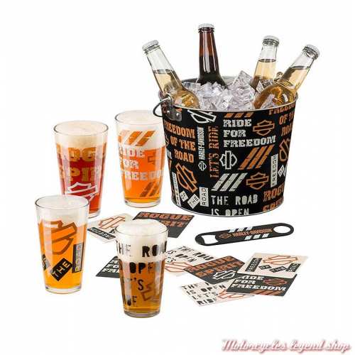 Set Party Let' Ride Harley-Davidson 4 pintes, seau metal, decapsuleur, coasters, HDL-18807