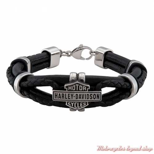 Bracelet acier et cuir Vintage Bar & Shield Harley-Davidson homme, noir, HSB0232