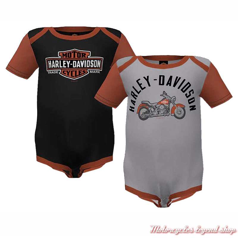 2 bodies Harley-Davidson garçon Bar & Shield, moto, coton, noir, orange, gris, manches courtes, 3059236