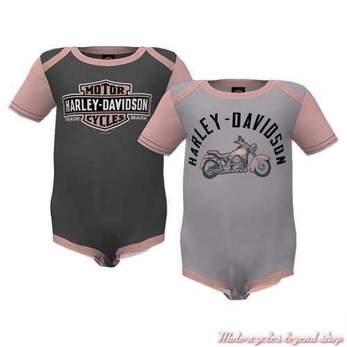 2 bodies Harley-Davidson fille, Bar & Shield, moto, coton, gris foncé, rose clair, gris clair, manches courtes, 3009234