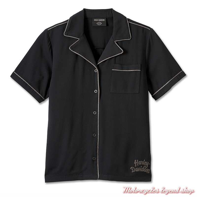 Chemise Harley-Davidson Femme Manches Courtes Noire - Motif Gris - Occasion Très Bon État
