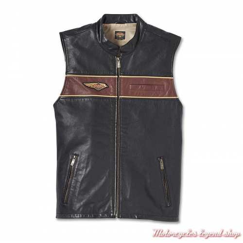 Gilet cuir 120th Anniversary Harley-Davidson homme, zippé, noir et rouge, 97036-23VM
