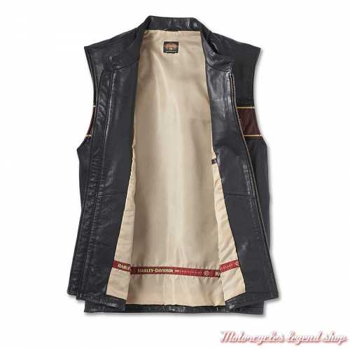 Gilet cuir 120th Anniversary Harley-Davidson homme, zippé, noir et rouge, doublure, 97036-23VM