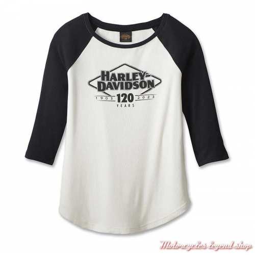 Tee-shirt Diamond Colorblock 120th Anniversary Harley-Davidson femme, blanc & noir, coton, modal, manches 3/4, 96683-23VW