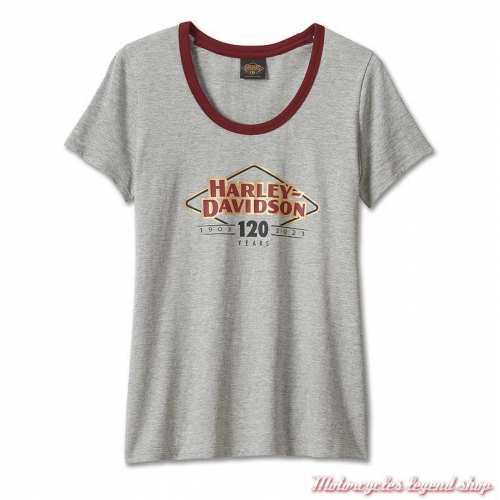 Tee-shirt Diamond Scoopneck 120th Anniversary Harley-Davidson femme, gris, coton, manches courtes, 96696-23VW