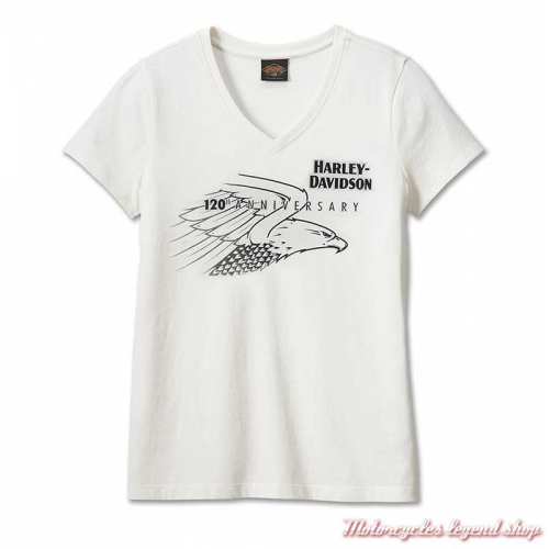 Tee-shirt Speedbird 120th Anniversary blanc Harley-Davidson femme, col V, manches courtes, coton, 96698-23VW