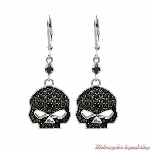 Boucles d'oreilles Skull black Harley-Davidson femme, strass noirs, pendants, HDE0283