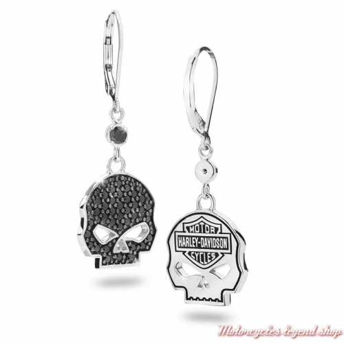 Boucles d&#039;oreilles Skull black Harley-Davidson femme, strass noirs, pendants, arrière, HDE0283