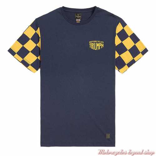 Tee-shirt Preston bleu navy/jaune homme Triumph, manches courtes damier, coton, MTSS2319